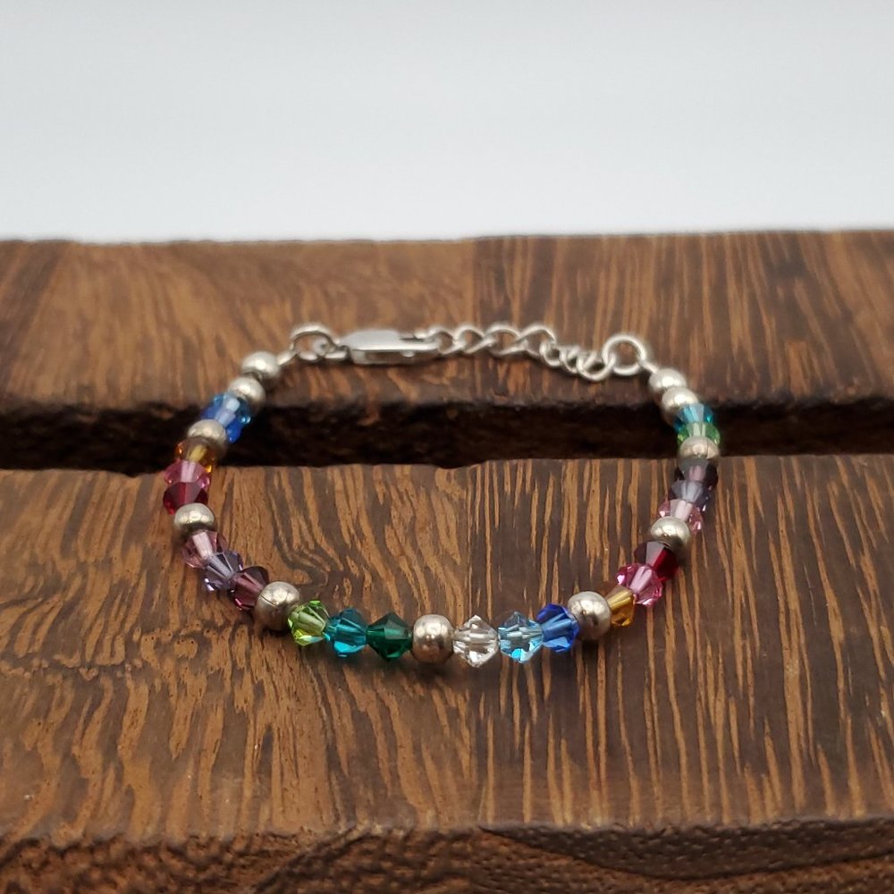 7 Inch 925 Sterling Silver Chain Cute Colorful Crystals Bracelet